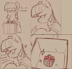 Size: 2066x1970 | Tagged: safe, artist:yoditax, derpibooru import, maud pie, earth pony, pony, blushing, box, comic, dialogue, female, gift wrap, image, lidded eyes, monochrome, png, present, ribbon, rock, sketch, solo, sparkles, that pony sure does love rocks