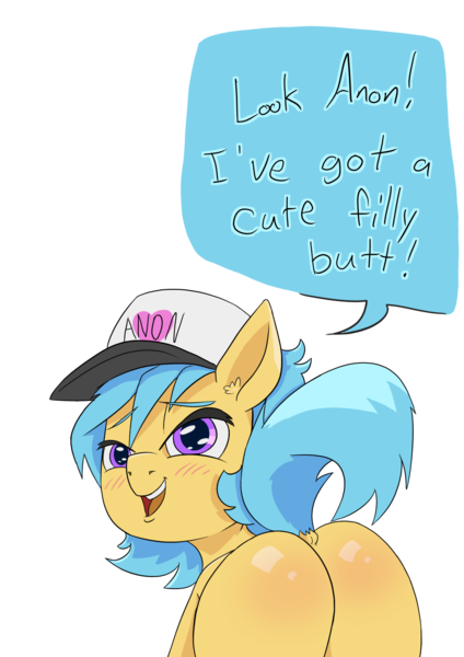Size: 1000x1414 | Tagged: suggestive, alternate version, artist:happy harvey, derpibooru import, oc, oc:little league, pony, blushing, butt, butt blush, cute, dock, drawn on phone, ear fluff, female, filly, foalcon, hat, image, lidded eyes, looking at you, looking back, looking back at you, offscreen character, plot, png, simple background, transparent background, underage