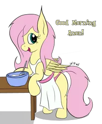 Size: 1743x2120 | Tagged: safe, artist:wapamario63, derpibooru import, fluttershy, pegasus, pony, apron, baking, bipedal, bowl, clothes, colored, female, housewife, image, implied anon, mare, morning, morning ponies, naked apron, offscreen character, open mouth, pink panties, png, signature, simple background, smiling, table, tail, talking, transparent background, whisk, wings