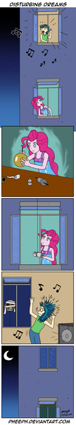 Size: 520x2901 | Tagged: safe, artist:pheeph, derpibooru import, indigo zap, pinkie pie, equestria girls, balloon, comic, glue, image, marker, mummy, music notes, old master q, parody, png, prank, scared