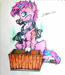 Size: 2780x3202 | Tagged: safe, artist:creature.exist, derpibooru import, pinkie pie, earth pony, pony, bottle, box, chemistry, chempunk, drink, equipment, fluffy, hooves, image, jpeg, league of legends, mask, photo, sitting, solo, steampunk, technology, zaun