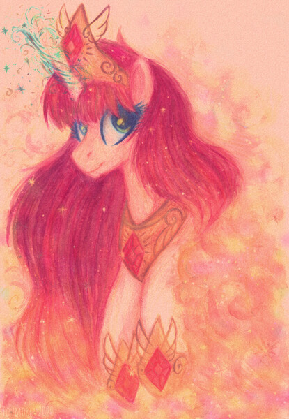 Size: 3392x4904 | Tagged: safe, artist:equmoria, derpibooru import, oc, oc:fausticorn, alicorn, alicorn oc, colored pencil drawing, crown, ethereal mane, happy birthday mlp:fim, horn, image, jewelry, jpeg, lauren faust, magic, magic aura, mlp fim's tenth anniversary, regalia, solo, traditional art, watercolor painting, wings