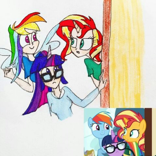 Size: 540x538 | Tagged: safe, artist:lunaart, derpibooru import, screencap, rainbow dash, sci-twi, sunset shimmer, twilight sparkle, human, equestria girls, spring breakdown, glasses, horn, horned humanization, humanized, humanized ponified human, image, jpeg, scene interpretation, traditional art, winged humanization, wings