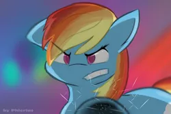 Size: 1280x853 | Tagged: safe, artist:phlerius, derpibooru import, rainbow dash, pegasus, pony, angry, breaking the fourth wall, digital art, female, glass, image, jpeg, mare