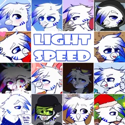 Size: 2000x2000 | Tagged: suggestive, artist:etoz, derpibooru import, oc, oc:light speed, unofficial characters only, gryphon, blushing, christmas, clothes, collage, glasses, griffon oc, happy, hat, helmet, holiday, image, male, open mouth, png, santa hat, shirt, smiling, solo, wings