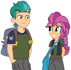 Size: 1024x1009 | Tagged: safe, artist:emeraldblast63, derpibooru import, hitch trailblazer, sunny starscout, equestria girls, backpack, bag, braid, clothes, equestria girls-ified, female, g5, g5 to equestria girls, g5 to g4, grin, image, looking at each other, male, png, redesign, shirt, shorts, simple background, smiling, teeth, transparent background