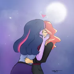 Size: 1080x1080 | Tagged: safe, artist:_denart, derpibooru import, sci-twi, sunset shimmer, twilight sparkle, equestria girls, clothes, comic, eyes closed, female, full moon, image, kissing, lesbian, moon, night, outdoors, png, scitwishimmer, shipping, signature, stars, sunsetsparkle