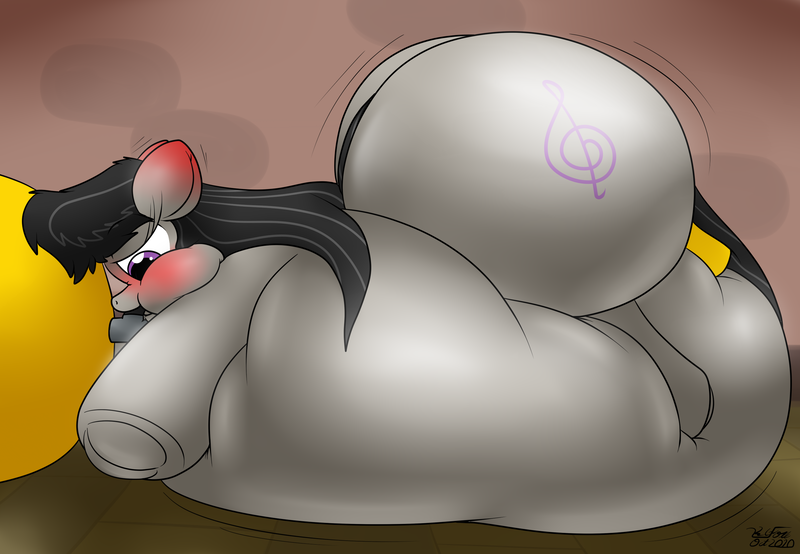 Size: 2881x1995 | Tagged: questionable, artist:the-furry-railfan, derpibooru import, octavia melody, earth pony, pony, fanfic:a prim party planner's puffy predicament, balloon, belly, belly bed, big belly, blushing, blushing profusely, butt, ear blush, fanfic art, female, frog (hoof), helium tank, huge belly, huge butt, image, implied anal insertion, implied insertion, impossibly large belly, impossibly large butt, indoors, inflated ears, inflated hooves, inflatia, inflation, large butt, png, puffy cheeks, solo, squishy, story included, stuck, underhoof, vinyl and octavia's home