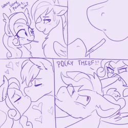 Size: 1500x1500 | Tagged: safe, artist:h0rsefeathers, derpibooru import, oc, oc:spectral prism, bat pony, pony, comic, food, heart, image, jpeg, kissing, pocky