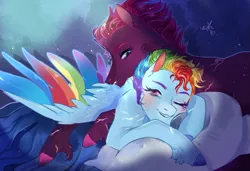 Size: 779x533 | Tagged: safe, artist:bunnari, derpibooru import, rainbow dash, tempest shadow, pony, bed, female, image, lesbian, one eye closed, pillow, png, shipping, tempestdash, waking up
