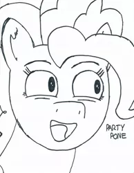 Size: 1592x2048 | Tagged: safe, artist:spp, derpibooru import, pinkie pie, earth pony, pony, black and white, bust, grayscale, image, jpeg, monochrome, portrait, simple background, traditional art