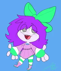 Size: 1219x1402 | Tagged: safe, artist:snoozledoodle, derpibooru import, oc, oc:mable syrup, unofficial characters only, human, arms wide open, blue background, boots, bow, clothes, deaf, dress, humanized, humanoid, image, png, purple hair, shoes, simple background, socks, solo, striped socks