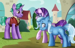 Size: 1911x1240 | Tagged: safe, artist:ali-selle, derpibooru import, firelight, starlight glimmer, trixie, pony, unicorn, clothes, commission, family, father and child, father and daughter, female, girlfriend, illustration, image, jpeg, lesbian, lesbian in front of boys, male, mare, shipping, stallion, startrix