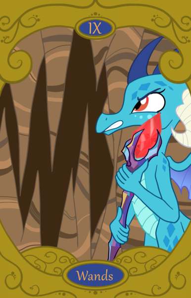 Size: 900x1400 | Tagged: safe, artist:sixes&sevens, derpibooru import, princess ember, bloodstone scepter, cave, dragon lord ember, image, nine of wands, png, stalactite, stalagmite, tarot card