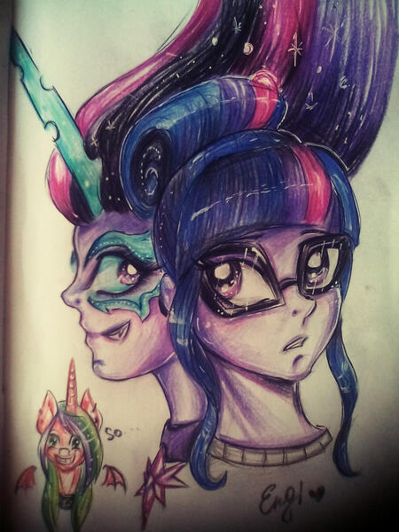 Size: 1200x1600 | Tagged: safe, artist:enjal, derpibooru import, sci-twi, twilight sparkle, oc, alicorn, pony, equestria girls, bust, duality, glasses, image, jpeg, midnight sparkle, portrait, sidemouth, traditional art