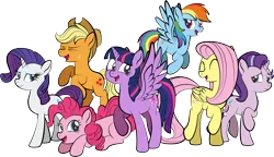 Size: 6228x3590 | Tagged: safe, artist:alexdti, derpibooru import, applejack, fluttershy, pinkie pie, rainbow dash, rarity, starlight glimmer, twilight sparkle, twilight sparkle (alicorn), alicorn, earth pony, pegasus, pony, unicorn, abstract background, applejack's hat, cowboy hat, eyes closed, female, freckles, hat, image, mane six, mare, open mouth, png, raised hoof, simple background, smiling, transparent background, wings