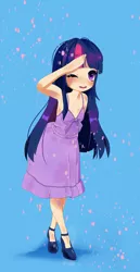 Size: 2153x4162 | Tagged: safe, artist:sorasku, derpibooru import, twilight sparkle, human, anime, anime style, blue background, clothes, cute, dress, humanized, image, jpeg, simple background, solo, twiabetes