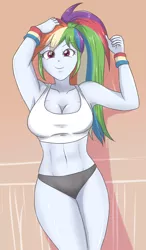 Size: 1703x2923 | Tagged: suggestive, artist:sumin6301, derpibooru import, rainbow dash, equestria girls, alternate hairstyle, belly button, breasts, busty rainbow dash, cleavage, clothes, female, image, jpeg, looking at you, ponytail, sports bra, sports panties