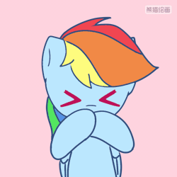 Size: 720x720 | Tagged: safe, artist:starflashing twinkle, derpibooru import, rainbow dash, pegasus, pony, :3, animated, blowing a kiss, chinese text, cute, dashabetes, female, frame by frame, gif, image, mare, moon runes, pink background, simple background, solo, wings