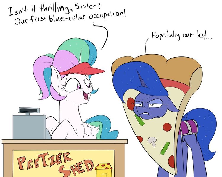 Size: 1280x1024 | Tagged: safe, artist:rocket-lawnchair, derpibooru import, princess celestia, princess luna, alicorn, advertising, clothes, costume, female, food, food costume, image, jpeg, luna is not amused, open mouth, peetzer, pizza, pizza costume, siblings, sisters, unamused, visor