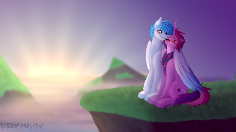 Size: 3840x2160 | Tagged: safe, artist:sparkie45, derpibooru import, oc, oc:jona, oc:sparkie, unofficial characters only, pegasus, pony, clothes, female, hug, image, male, mare, png, scarf, stallion, sunrise, winghug, wings