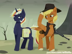 Size: 1600x1200 | Tagged: safe, artist:willoillo, derpibooru import, oc, oc:calamity, oc:velvet remedy, unofficial characters only, pegasus, pony, unicorn, fallout equestria, fanfic, bag, battle saddle, cowboy hat, dashite, duo, fanfic art, female, fluttershy medical saddlebag, gun, hat, hooves, horn, image, jpeg, male, mare, medical saddlebag, pegasus oc, rifle, saddle bag, stallion, unicorn oc, weapon, wings