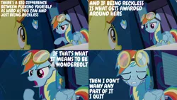 Size: 1986x1117 | Tagged: safe, derpibooru import, edit, edited screencap, editor:quoterific, screencap, rainbow dash, spitfire, pegasus, pony, wonderbolts academy, angry, clothes, duo, eyes closed, female, goggles, image, open mouth, png, uniform, wonderbolts uniform