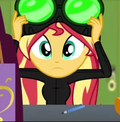 Size: 522x529 | Tagged: safe, derpibooru import, screencap, sunset shimmer, equestria girls, equestria girls series, holidays unwrapped, spoiler:eqg series (season 2), breasts, canterlot high, cropped, female, goggles, image, imagine spot, lockers, night vision goggles, pencil, png, solo, stealth suit, winter break-in