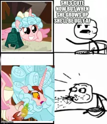 Size: 500x581 | Tagged: safe, derpibooru import, edit, edited screencap, screencap, cozy glow, alicorn, human, pony, the ending of the end, alicornified, bell, caption, cereal guy, cozybetes, cozycorn, cute, female, filly, food, giant demon alicorn cozy glow, grogar's bell, image, image macro, jpeg, meme, pineapple, race swap, spit take, stick figure, text