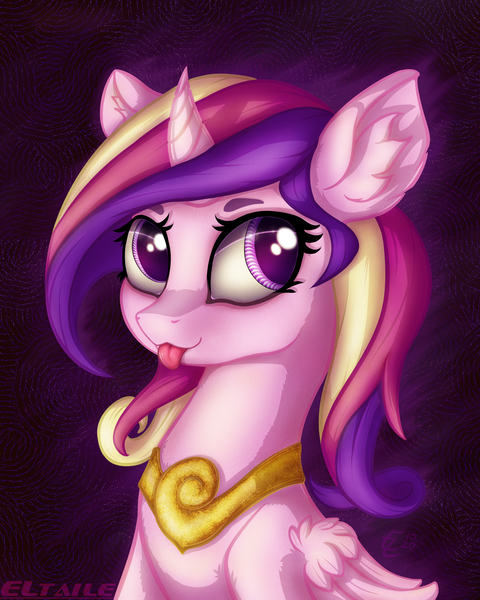 Size: 2000x2500 | Tagged: safe, artist:eltaile, derpibooru import, princess cadance, alicorn, pony, :p, abstract background, bust, cute, cutedance, ear fluff, female, gold, high res, image, png, portrait, signature, solo, tongue out
