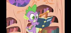 Size: 1792x828 | Tagged: safe, derpibooru import, screencap, spike, dragon, owl's well that ends well, book, golden oaks library, image, library, png, solo