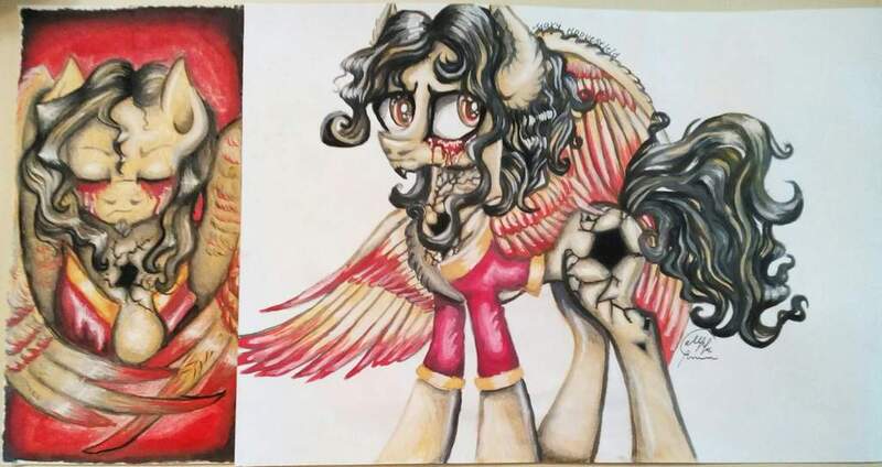 Size: 1024x543 | Tagged: semi-grimdark, alternate version, artist:maryhoovesfield, derpibooru import, oc, unofficial characters only, pegasus, pony, blood, bust, clothes, crying, duo, ear fluff, image, jpeg, pegasus oc, signature, tears of blood, traditional art, wings