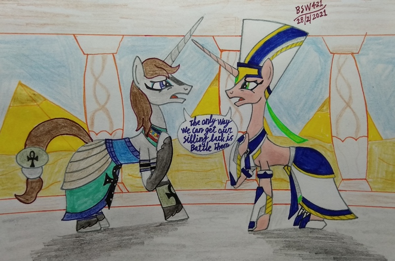 Size: 3542x2340 | Tagged: safe, artist:bsw421, derpibooru import, oc, oc:anubis, oc:neferneferuaten nefertiti, pony, unicorn, anubis, armor, armor skirt, clothes, egyptian, egyptian pony, headdress, image, jpeg, makeup, photo, pyramid, skirt, speech bubble, traditional art, worried