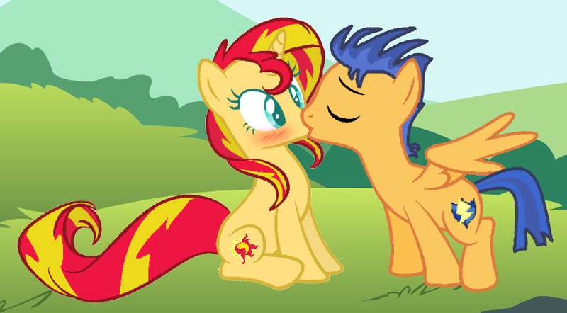 Size: 810x448 | Tagged: safe, artist:jadethepegasus, derpibooru import, flash sentry, sunset shimmer, pony, blushing, female, flashimmer, image, kissing, male, png, shipping, straight