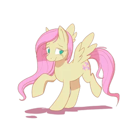 Size: 600x600 | Tagged: safe, artist:prettyproglottids, derpibooru import, fluttershy, pegasus, pony, female, image, looking at you, mare, no pupils, png, raised hoof, raised leg, simple background, smiling, solo, spread wings, three quarter view, transparent background, wings