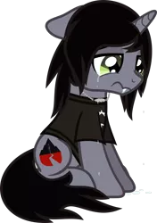 Size: 782x1112 | Tagged: safe, artist:lightningbolt, derpibooru import, oc, ponified, ponified:kellin quinn, pony, unicorn, .svg available, clothes, crying, derpibooru exclusive, disguise, disguised siren, fangs, floppy ears, horn, image, jewelry, male, necklace, png, sad, shirt, simple background, sleeping with sirens, slit eyes, stallion, t-shirt, transparent background, vector, wavy mouth