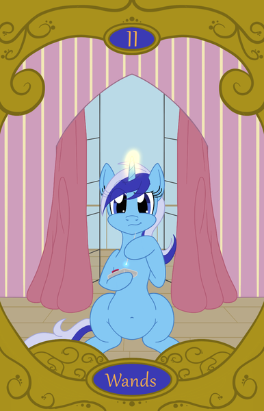 Size: 900x1400 | Tagged: safe, artist:sixes&sevens, derpibooru import, minuette, curtains, doctor who, image, open window, png, sonic screwdriver, tarot card, two of wands, window