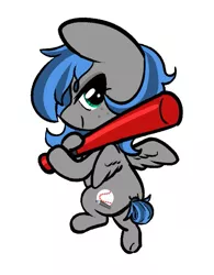 Size: 569x728 | Tagged: safe, artist:mulberrytarthorse, derpibooru import, oc, oc:bibbo, unofficial characters only, pegasus, pony, baseball bat, chibi, female, freckles, frown, holding, image, jpeg, lidded eyes, mare, simple background, smiling, solo, spread wings, white background, wings