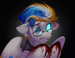 Size: 1731x1344 | Tagged: semi-grimdark, artist:vensual99, derpibooru import, oc, oc:alan, unofficial characters only, pegasus, pony, 56, abstract background, blood, broken glasses, clothes, crying, ear piercing, floppy ears, glasses, image, male, piercing, png, scarf, stallion