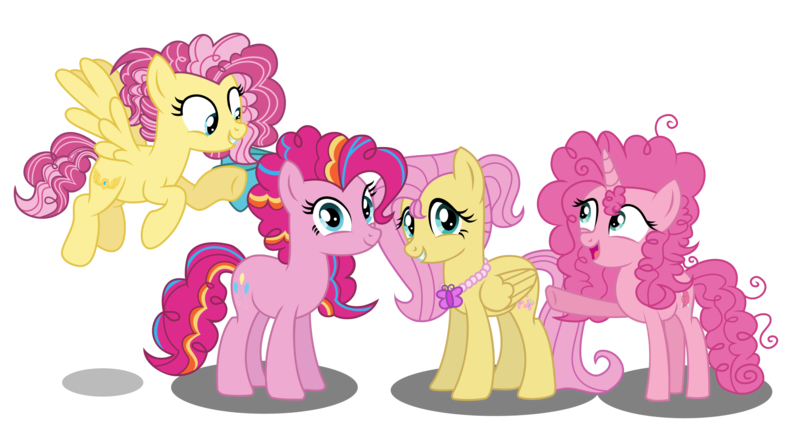 Size: 2528x1341 | Tagged: safe, artist:yonipony, derpibooru import, fluttershy, pinkie pie, oc, oc:candy cloud, oc:flutter balloon, earth pony, pegasus, unicorn, base used, family, female, flutterpie, image, lesbian, magical lesbian spawn, offspring, parent:fluttershy, parent:pinkie pie, parents:flutterpie, png, shipping, simple background, transparent background