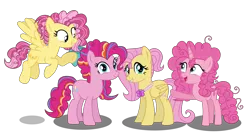 Size: 2528x1341 | Tagged: safe, artist:yonipony, derpibooru import, fluttershy, pinkie pie, oc, oc:candy cloud, oc:flutter balloon, earth pony, pegasus, unicorn, base used, family, female, flutterpie, image, lesbian, magical lesbian spawn, offspring, parent:fluttershy, parent:pinkie pie, parents:flutterpie, png, shipping, simple background, transparent background