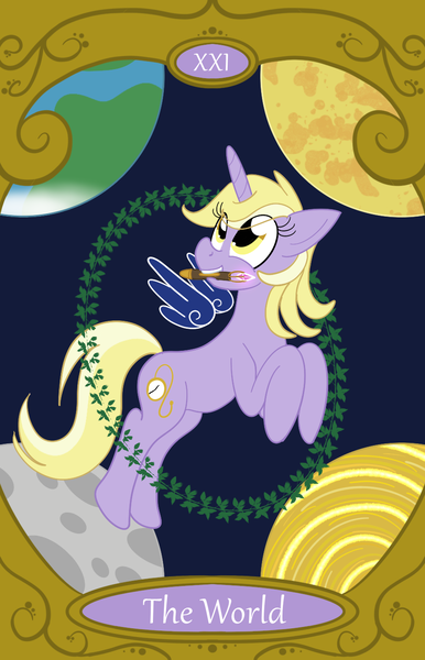 Size: 900x1400 | Tagged: safe, artist:sixes&sevens, derpibooru import, dinky hooves, pony, unicorn, doctor who, earth, female, image, mare, moon, older, older dinky hooves, planet, png, sonic screwdriver, space, sun, tarot card, the world, time vortex