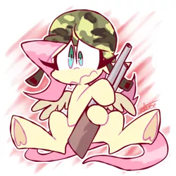 Size: 1024x1024 | Tagged: safe, artist:thegreatrouge, derpibooru import, fluttershy, pegasus, pony, eyelashes, female, gun, hat, holding, image, mare, military, png, scared, signature, sitting, solo, spread wings, war, weapon, wings