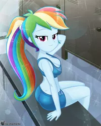 Size: 650x814 | Tagged: suggestive, artist:charliexe, derpibooru import, rainbow dash, equestria girls, adorasexy, ass, beautiful, beautisexy, bedroom eyes, breasts, busty rainbow dash, butt, cleavage, cute, female, image, jpeg, locker room, lockers, looking at you, looking back, looking back at you, looking over shoulder, pinup, rainbutt dash, seductive, seductive look, seductive pose, sexy, sitting, smiling, solo, solo female, stupid sexy rainbow dash