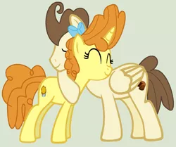 Size: 1480x1236 | Tagged: safe, artist:amelia-bases, derpibooru import, pound cake, pumpkin cake, pegasus, pony, unicorn, the last problem, base used, brother and sister, cake twins, eyes closed, female, gray background, hug, image, male, mare, older, older cake twins, older pound cake, older pumpkin cake, png, raised hoof, siblings, simple background, stallion, twins