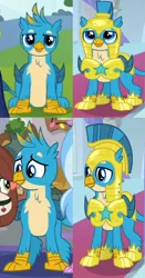 Size: 600x1141 | Tagged: safe, derpibooru import, edit, screencap, gallus, silverstream, yona, gryphon, yak, non-compete clause, the hearth's warming club, the last problem, armor, comparison, image, male, older, older gallus, png, royal guard, royal guard armor, royal guard gallus