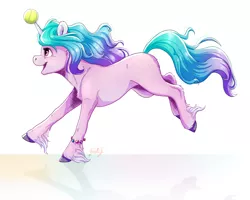 Size: 2628x2100 | Tagged: safe, artist:gaelledragons, derpibooru import, izzy moonbow, pony, unicorn, cloven hooves, female, g5, high res, horn, horn guard, horn impalement, hornball, image, izzy's tennis ball, mare, open mouth, png, simple background, solo, tennis ball