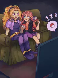 Size: 1063x1417 | Tagged: safe, artist:destalva, derpibooru import, adagio dazzle, sunset shimmer, equestria girls, anime, belt, boots, choker, clothes, commission, couch, countdown, female, gem, high heel boots, image, jacket, leather jacket, leggings, lesbian, open mouth, png, pokéball, pokémon, shipping, shirt, shoes, shorts, siren gem, skirt, sunsagio, t-shirt, television