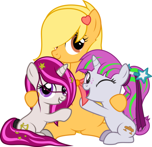 Size: 2444x2353 | Tagged: safe, artist:lightning stripe, derpibooru import, oc, oc:zeta, oc:zew, oc:zippi, earth pony, pony, unicorn, clothes, commission, cute, cutie mark, derpibooru exclusive, female, filly, foal, freckles, gray coat, group, group hug, group photo, hair bun, hair over one eye, hairband, hairpin, horn, hug, image, long mane, long tail, magenta mane, mare, mother and child, mother and daughter, ocbetes, open mouth, pink eyes, pink mane, png, ponytail, purple eyes, ribbon, show accurate, siblings, simple background, sisters, sitting, smiling, tail bun, tail wrap, transparent background, vector, wand, white coat, yellow coat