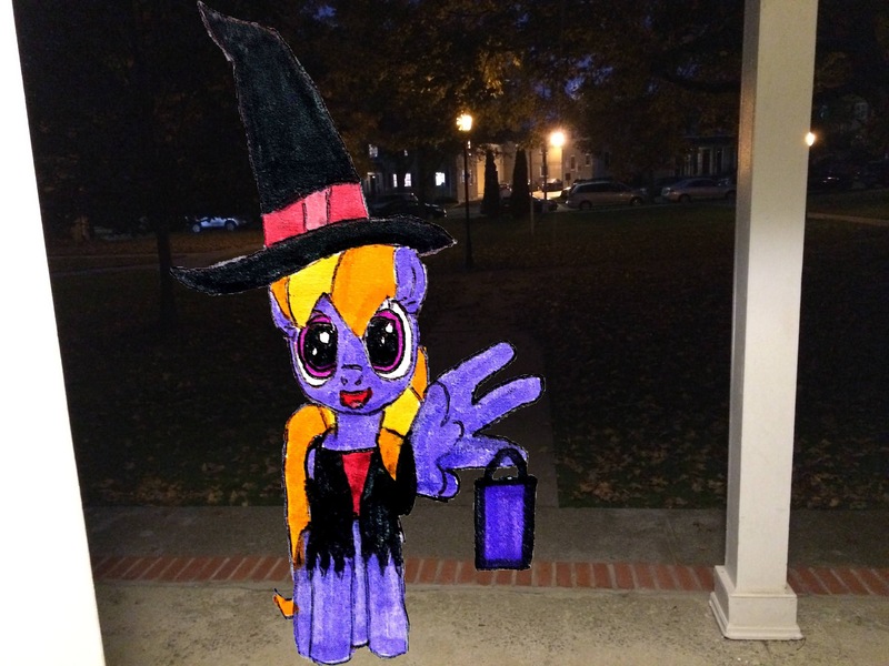 Size: 3264x2448 | Tagged: safe, artist:topsangtheman, derpibooru import, cloud kicker, pegasus, pony, clothes, costume, halloween, holiday, image, irl, jpeg, looking at you, photo, ponies in real life, solo, traditional art, trick or treat, witch